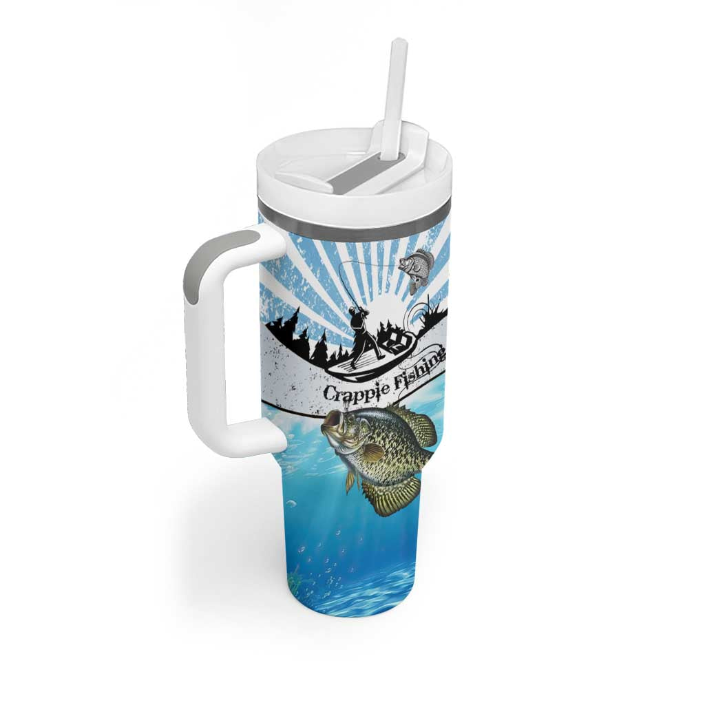Personalized Crappie Fishing Tumbler With Handle with Lake Water Splash Scene and Sunrise Silhouette Angler Design - Wonder Print Shop
