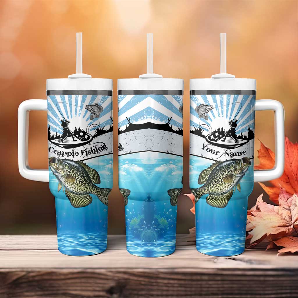 Personalized Crappie Fishing Tumbler With Handle with Lake Water Splash Scene and Sunrise Silhouette Angler Design - Wonder Print Shop