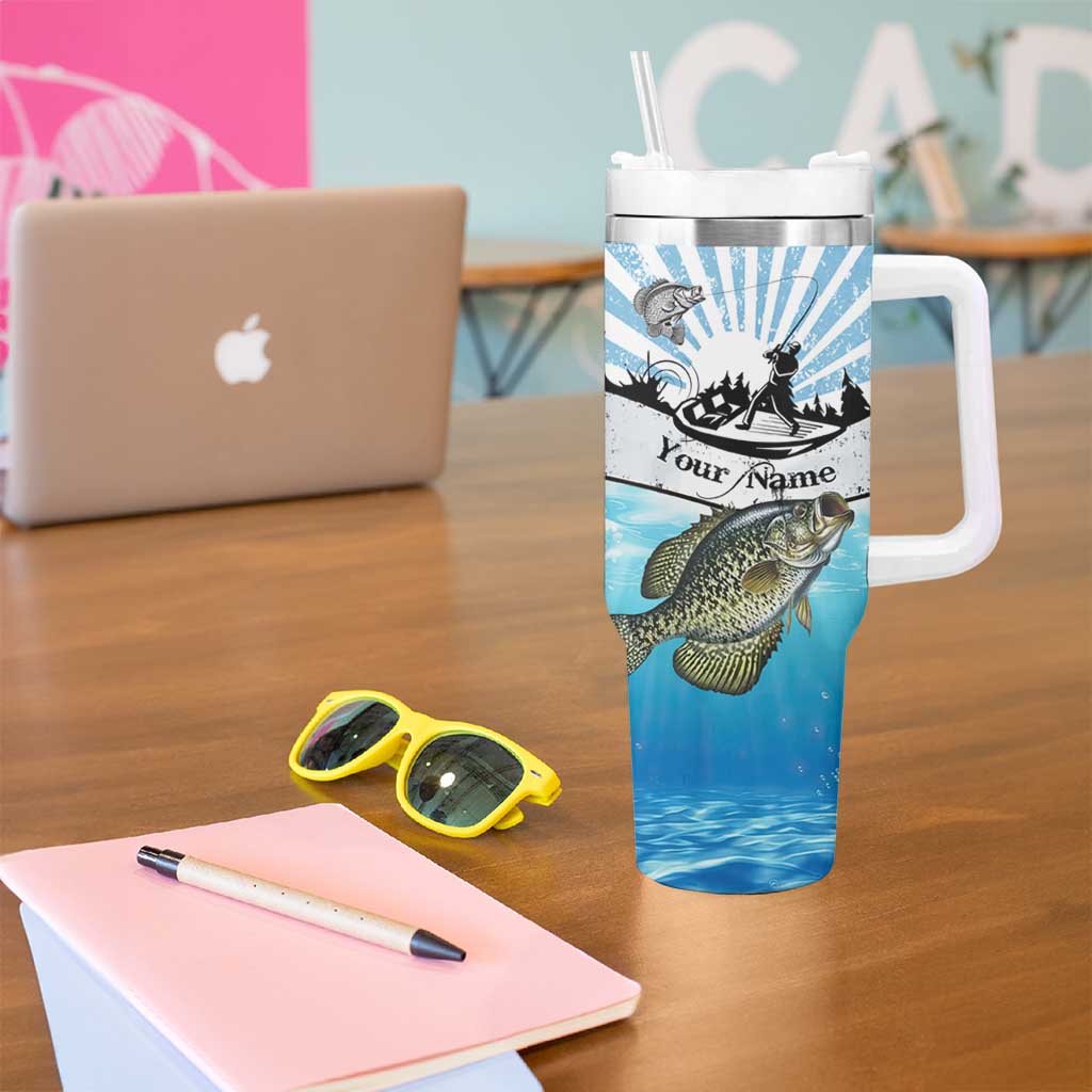 Personalized Crappie Fishing Tumbler With Handle with Lake Water Splash Scene and Sunrise Silhouette Angler Design - Wonder Print Shop