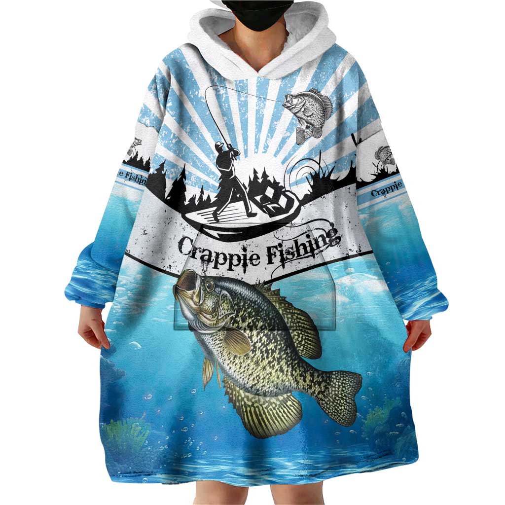 Personalized Crappie Fishing Wearable Blanket Hoodie with Lake Water Splash Scene and Sunrise Silhouette Angler Design - Wonder Print Shop