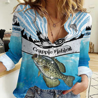 Personalized Crappie Fishing Women Casual Shirt with Lake Water Splash Scene and Sunrise Silhouette Angler Design - Wonder Print Shop