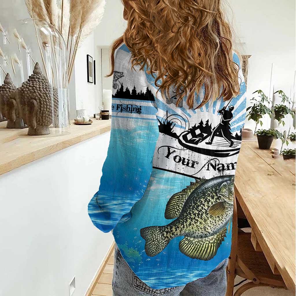 Personalized Crappie Fishing Women Casual Shirt with Lake Water Splash Scene and Sunrise Silhouette Angler Design - Wonder Print Shop