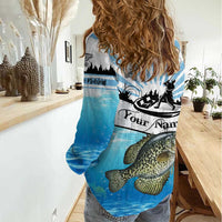Personalized Crappie Fishing Women Casual Shirt with Lake Water Splash Scene and Sunrise Silhouette Angler Design - Wonder Print Shop