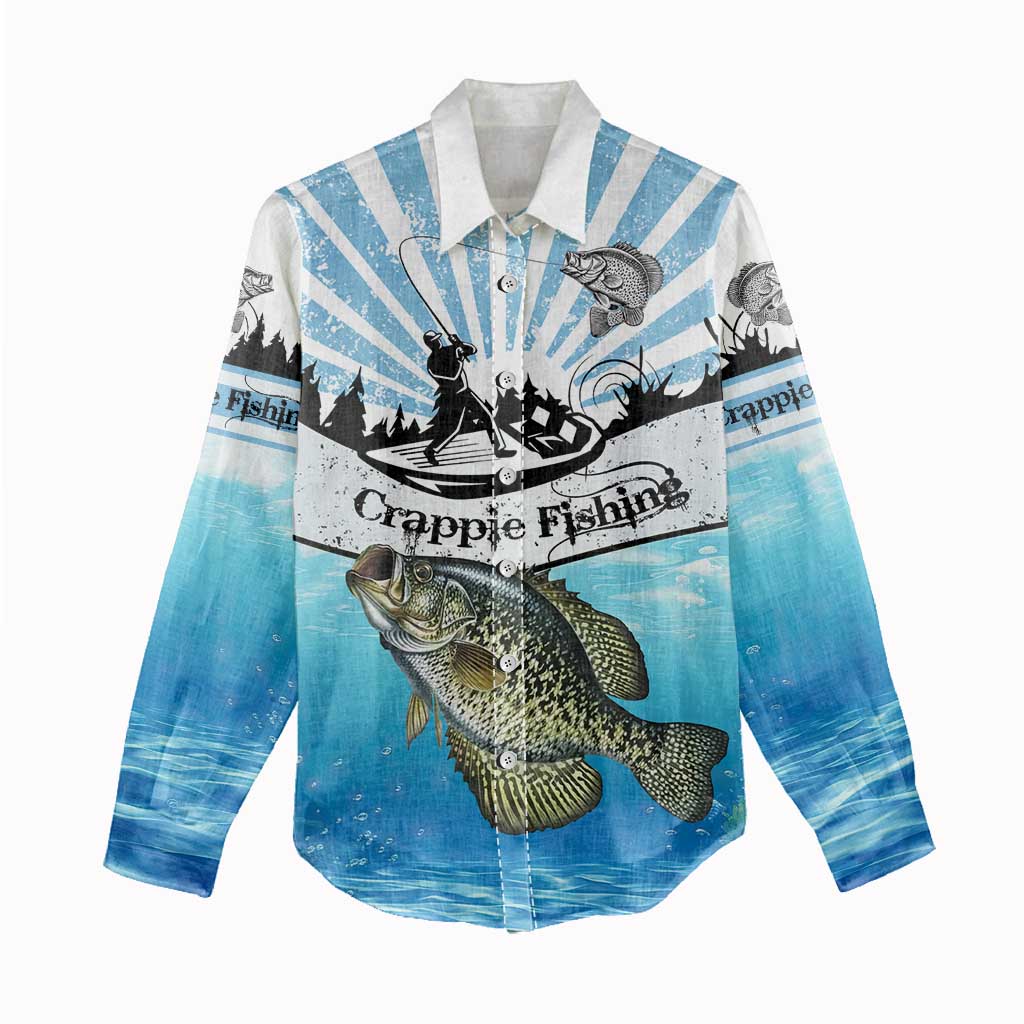 Personalized Crappie Fishing Women Casual Shirt with Lake Water Splash Scene and Sunrise Silhouette Angler Design - Wonder Print Shop