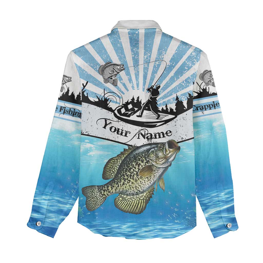 Personalized Crappie Fishing Women Casual Shirt with Lake Water Splash Scene and Sunrise Silhouette Angler Design - Wonder Print Shop