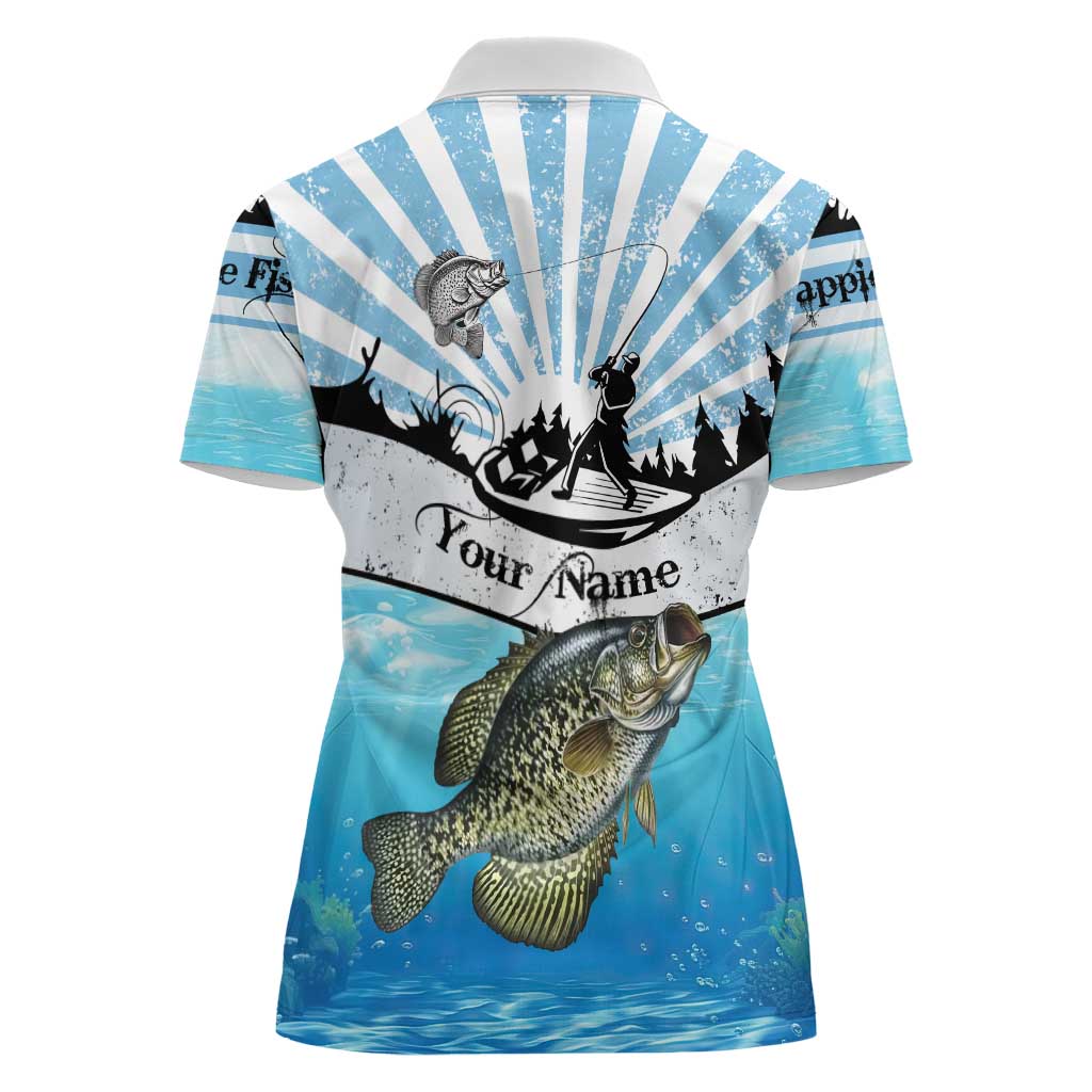 Personalized Crappie Fishing Women Polo Shirt with Lake Water Splash Scene and Sunrise Silhouette Angler Design - Wonder Print Shop