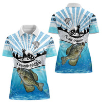 Personalized Crappie Fishing Women Polo Shirt with Lake Water Splash Scene and Sunrise Silhouette Angler Design - Wonder Print Shop
