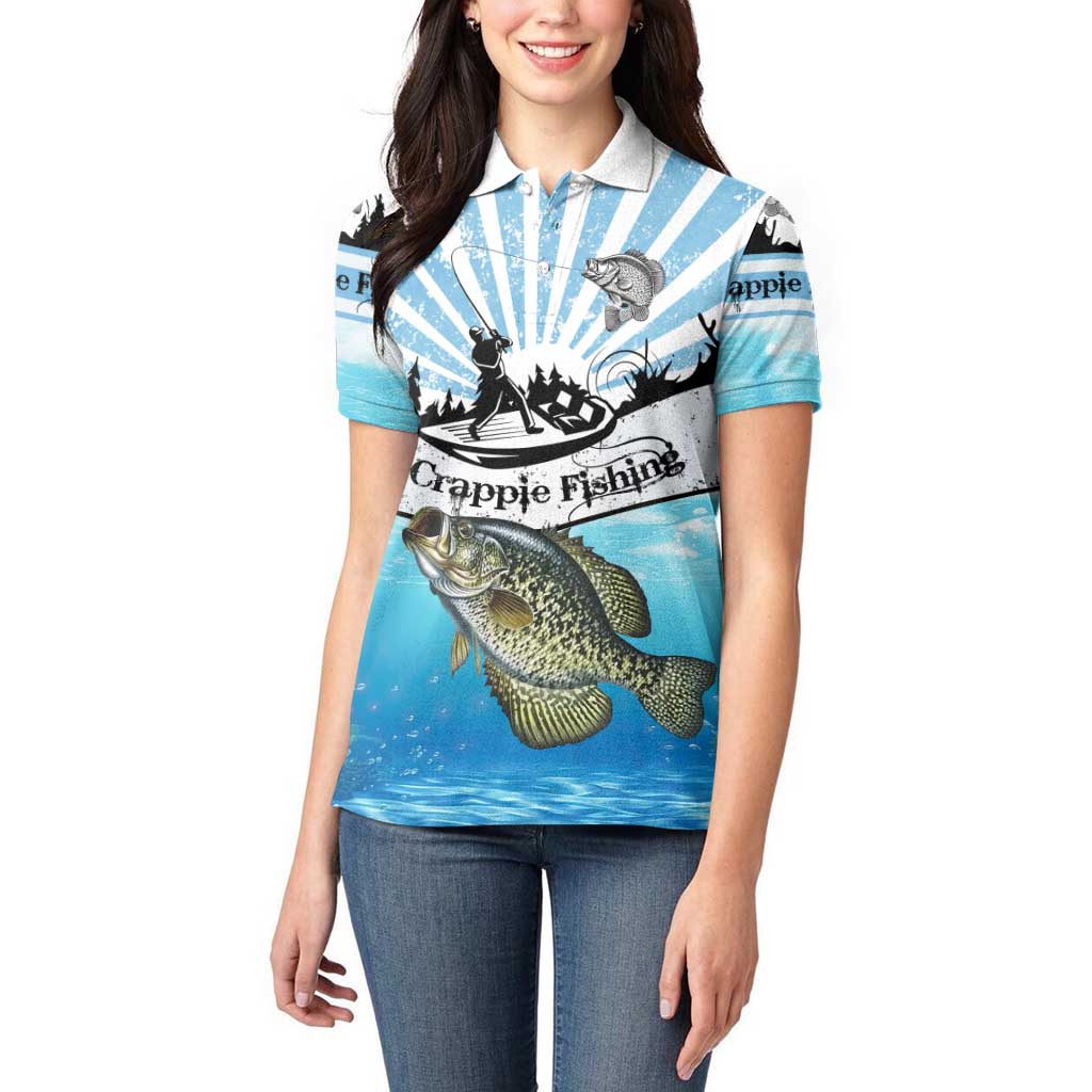 Personalized Crappie Fishing Women Polo Shirt with Lake Water Splash Scene and Sunrise Silhouette Angler Design - Wonder Print Shop