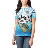 Personalized Crappie Fishing Women Polo Shirt with Lake Water Splash Scene and Sunrise Silhouette Angler Design - Wonder Print Shop