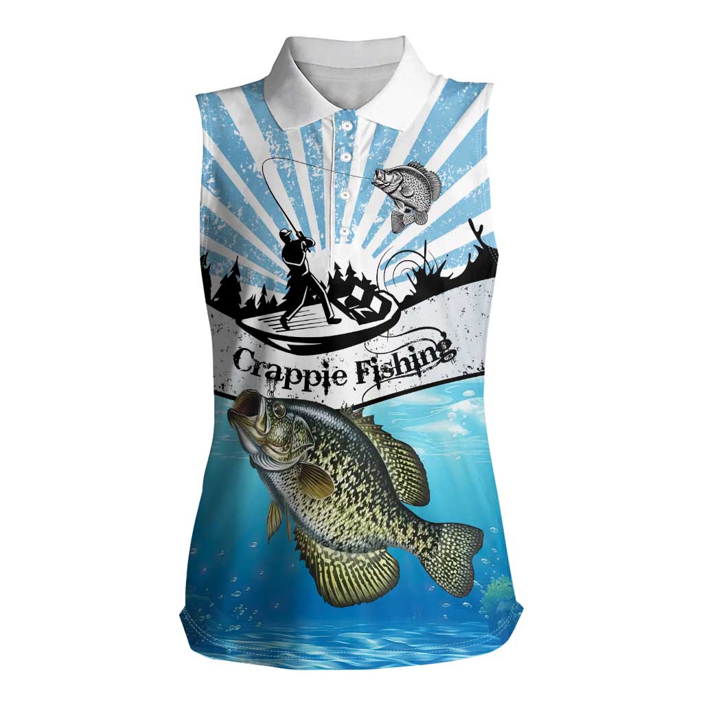 Personalized Crappie Fishing Women Sleeveless Polo Shirt with Lake Water Splash Scene and Sunrise Silhouette Angler Design - Wonder Print Shop