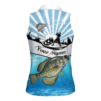 Personalized Crappie Fishing Women Sleeveless Polo Shirt with Lake Water Splash Scene and Sunrise Silhouette Angler Design - Wonder Print Shop