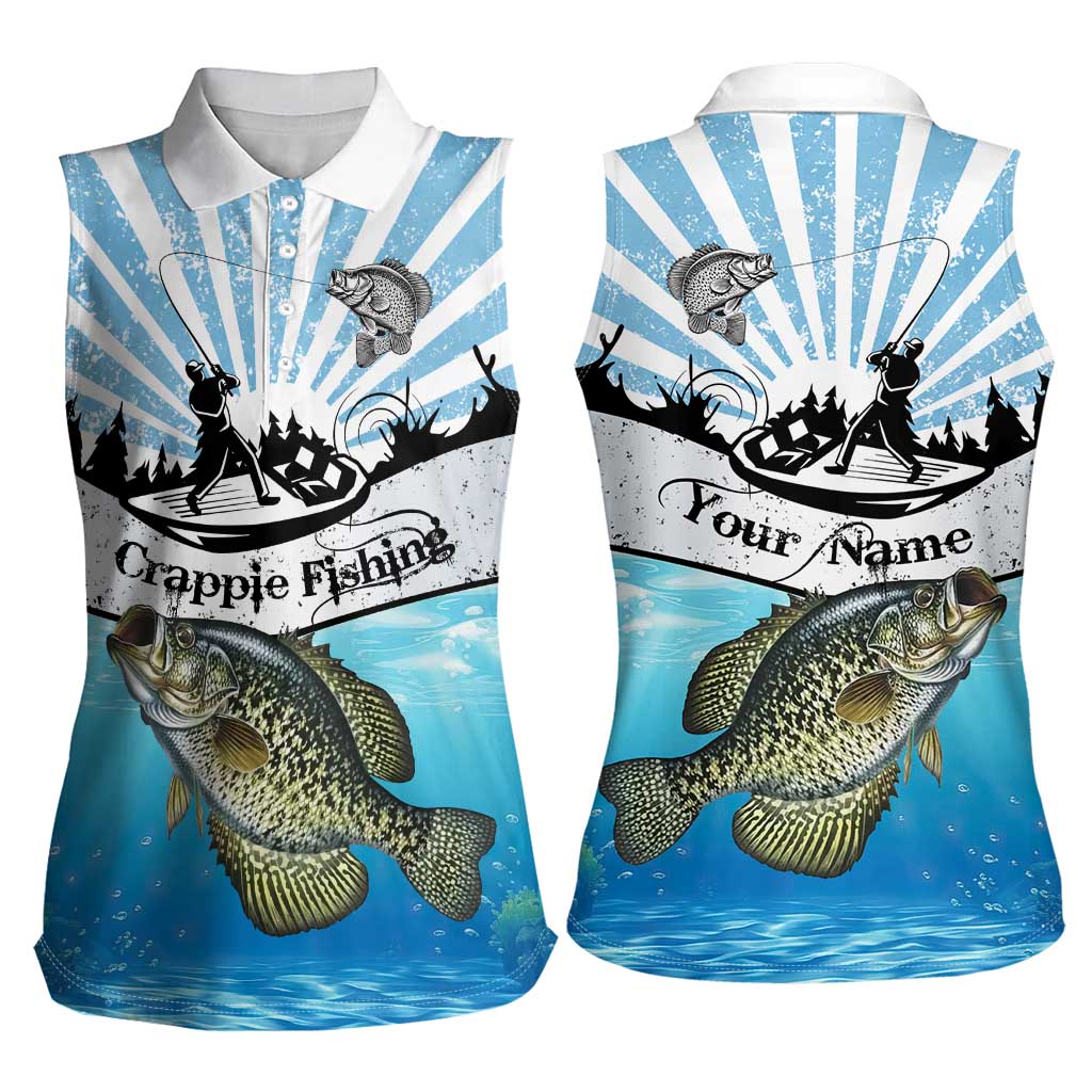 Personalized Crappie Fishing Women Sleeveless Polo Shirt with Lake Water Splash Scene and Sunrise Silhouette Angler Design - Wonder Print Shop