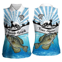Personalized Crappie Fishing Women Sleeveless Polo Shirt with Lake Water Splash Scene and Sunrise Silhouette Angler Design - Wonder Print Shop