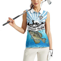 Personalized Crappie Fishing Women Sleeveless Polo Shirt with Lake Water Splash Scene and Sunrise Silhouette Angler Design - Wonder Print Shop