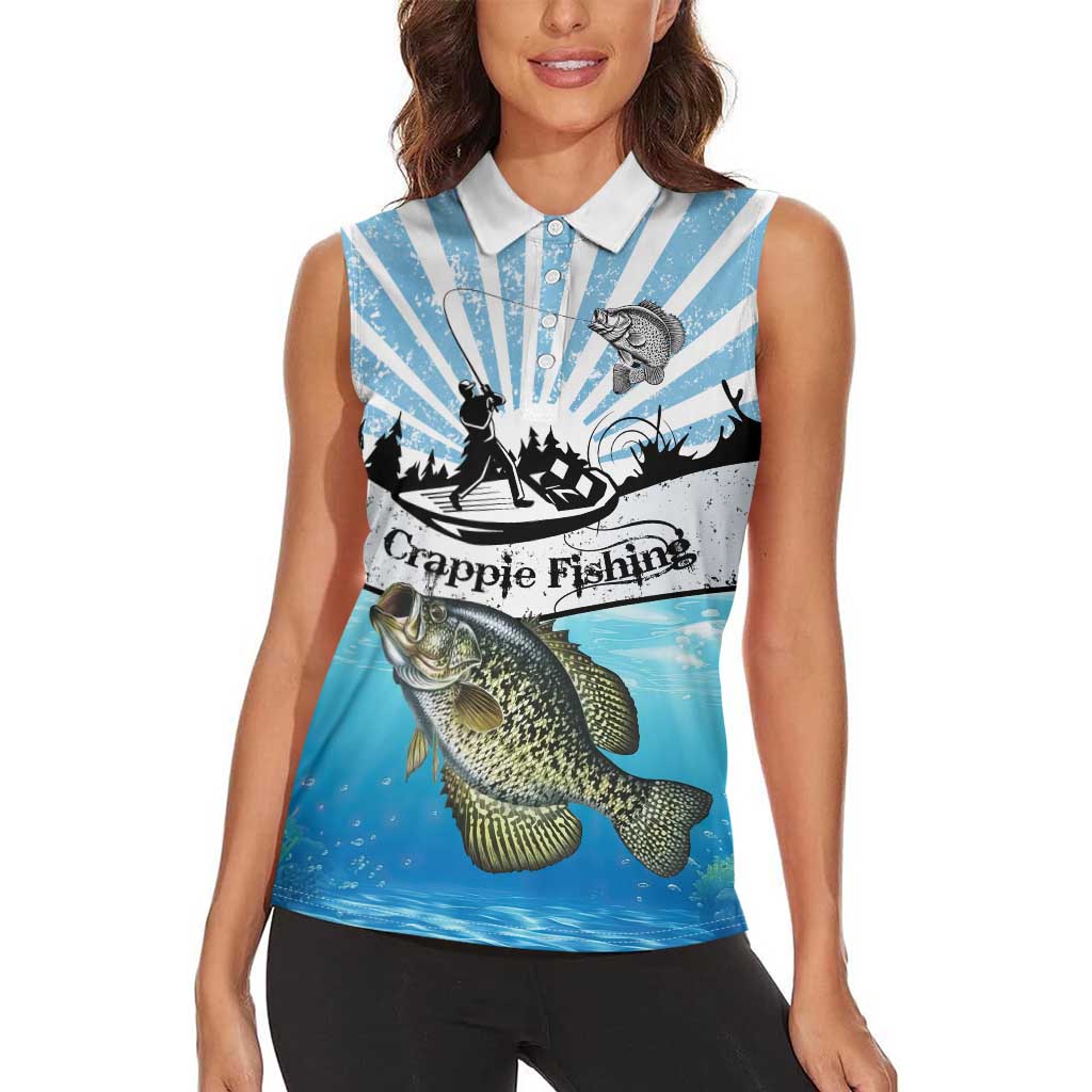 Personalized Crappie Fishing Women Sleeveless Polo Shirt with Lake Water Splash Scene and Sunrise Silhouette Angler Design - Wonder Print Shop
