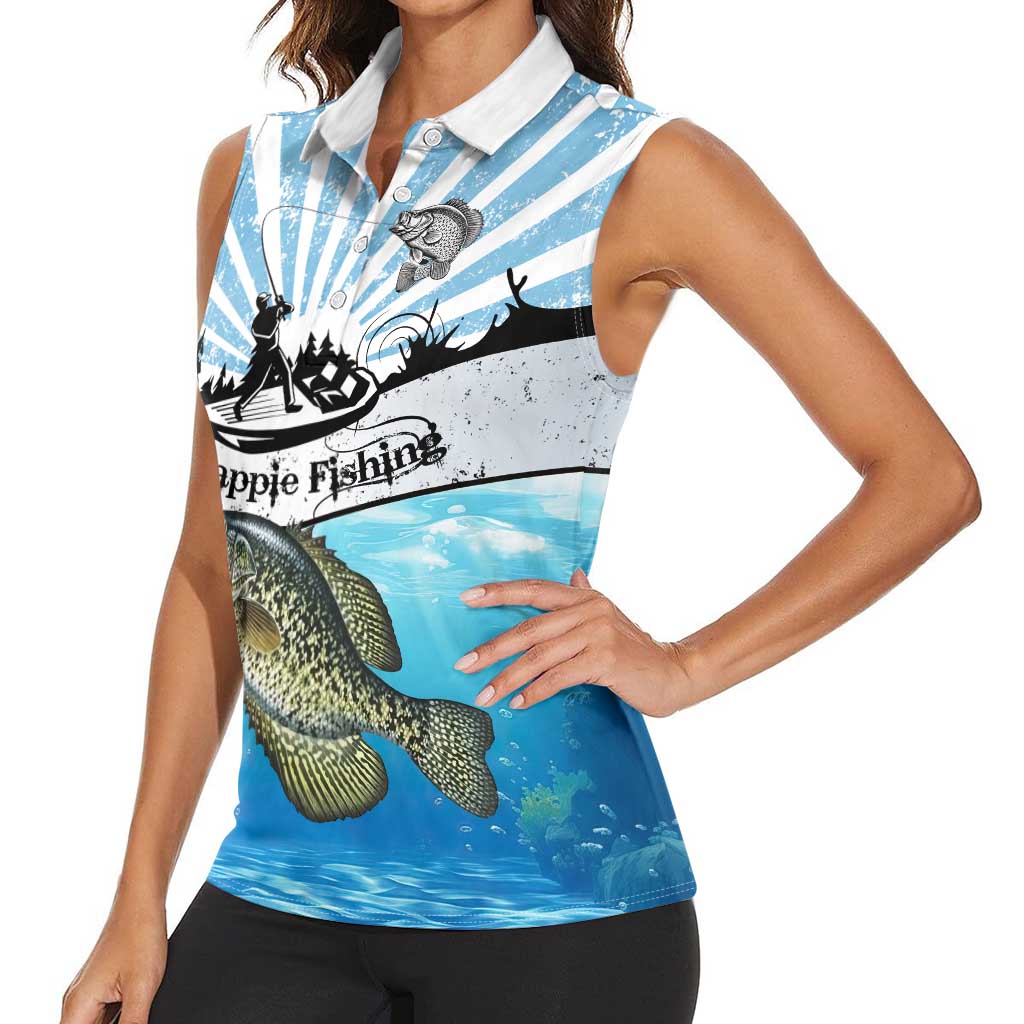 Personalized Crappie Fishing Women Sleeveless Polo Shirt with Lake Water Splash Scene and Sunrise Silhouette Angler Design - Wonder Print Shop