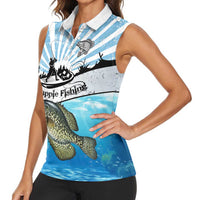 Personalized Crappie Fishing Women Sleeveless Polo Shirt with Lake Water Splash Scene and Sunrise Silhouette Angler Design - Wonder Print Shop