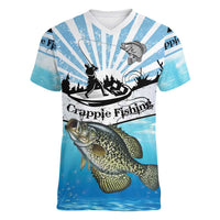Personalized Crappie Fishing Women V-Neck T-Shirt with Lake Water Splash Scene and Sunrise Silhouette Angler Design - Wonder Print Shop
