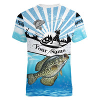 Personalized Crappie Fishing Women V-Neck T-Shirt with Lake Water Splash Scene and Sunrise Silhouette Angler Design - Wonder Print Shop