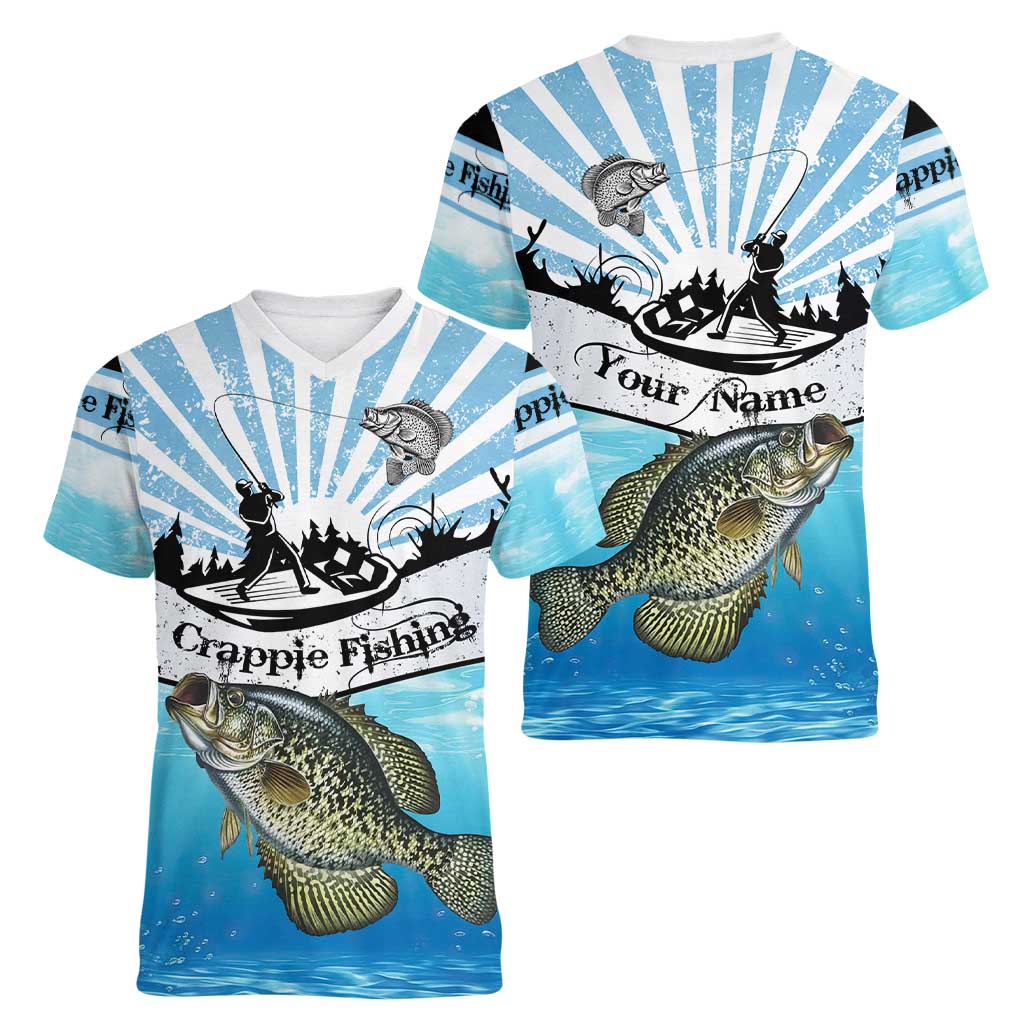 Personalized Crappie Fishing Women V-Neck T-Shirt with Lake Water Splash Scene and Sunrise Silhouette Angler Design - Wonder Print Shop