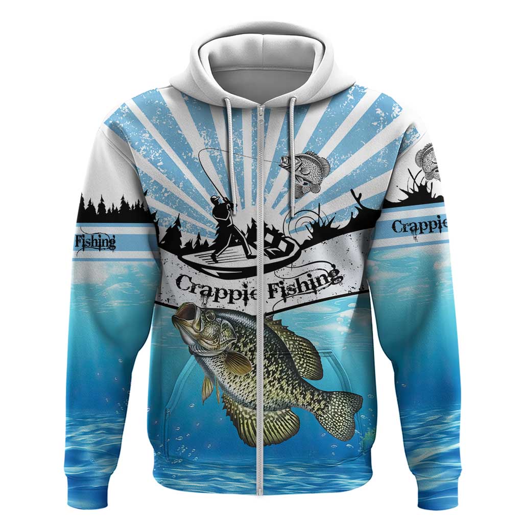 Personalized Crappie Fishing Zip Hoodie with Lake Water Splash Scene and Sunrise Silhouette Angler Design - Wonder Print Shop