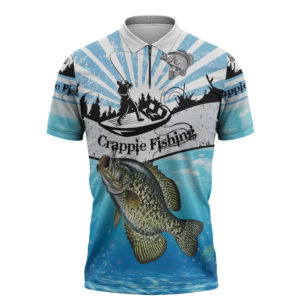 Personalized Crappie Fishing Zipper Polo Shirt with Lake Water Splash Scene and Sunrise Silhouette Angler Design - Wonder Print Shop