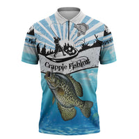 Personalized Crappie Fishing Zipper Polo Shirt with Lake Water Splash Scene and Sunrise Silhouette Angler Design - Wonder Print Shop