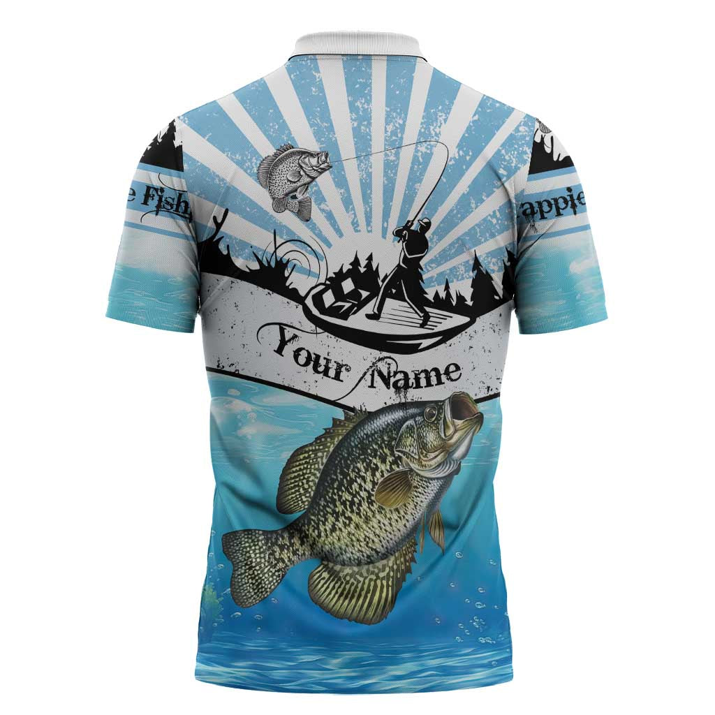 Personalized Crappie Fishing Zipper Polo Shirt with Lake Water Splash Scene and Sunrise Silhouette Angler Design - Wonder Print Shop