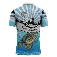 Personalized Crappie Fishing Zipper Polo Shirt with Lake Water Splash Scene and Sunrise Silhouette Angler Design - Wonder Print Shop