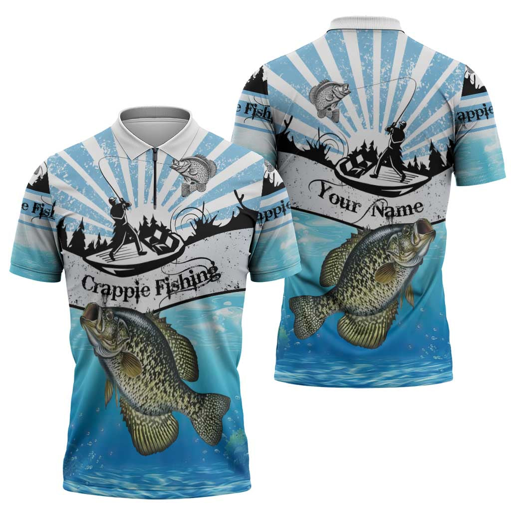 Personalized Crappie Fishing Zipper Polo Shirt with Lake Water Splash Scene and Sunrise Silhouette Angler Design - Wonder Print Shop