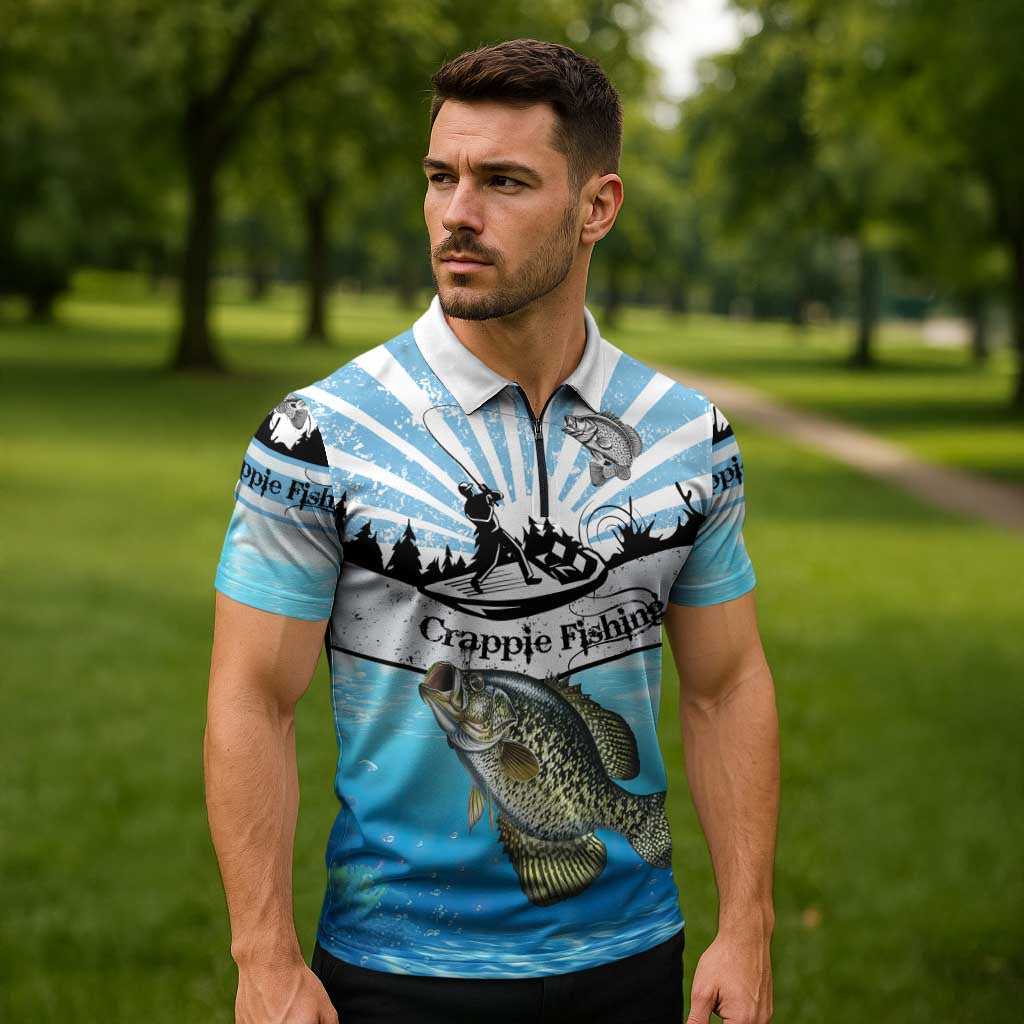 Personalized Crappie Fishing Zipper Polo Shirt with Lake Water Splash Scene and Sunrise Silhouette Angler Design - Wonder Print Shop