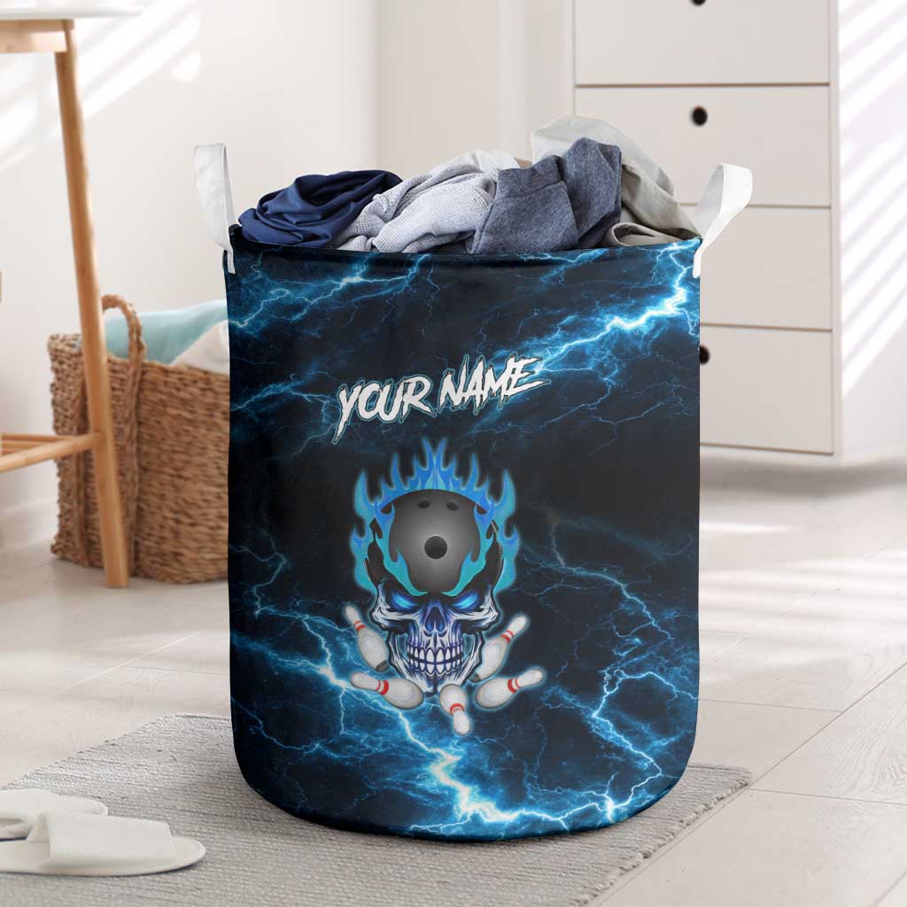 Personalized Bowling Skull Laundry Basket with Blue Flame Energy and Electric Lightning Strike Pattern - Wonder Print Shop