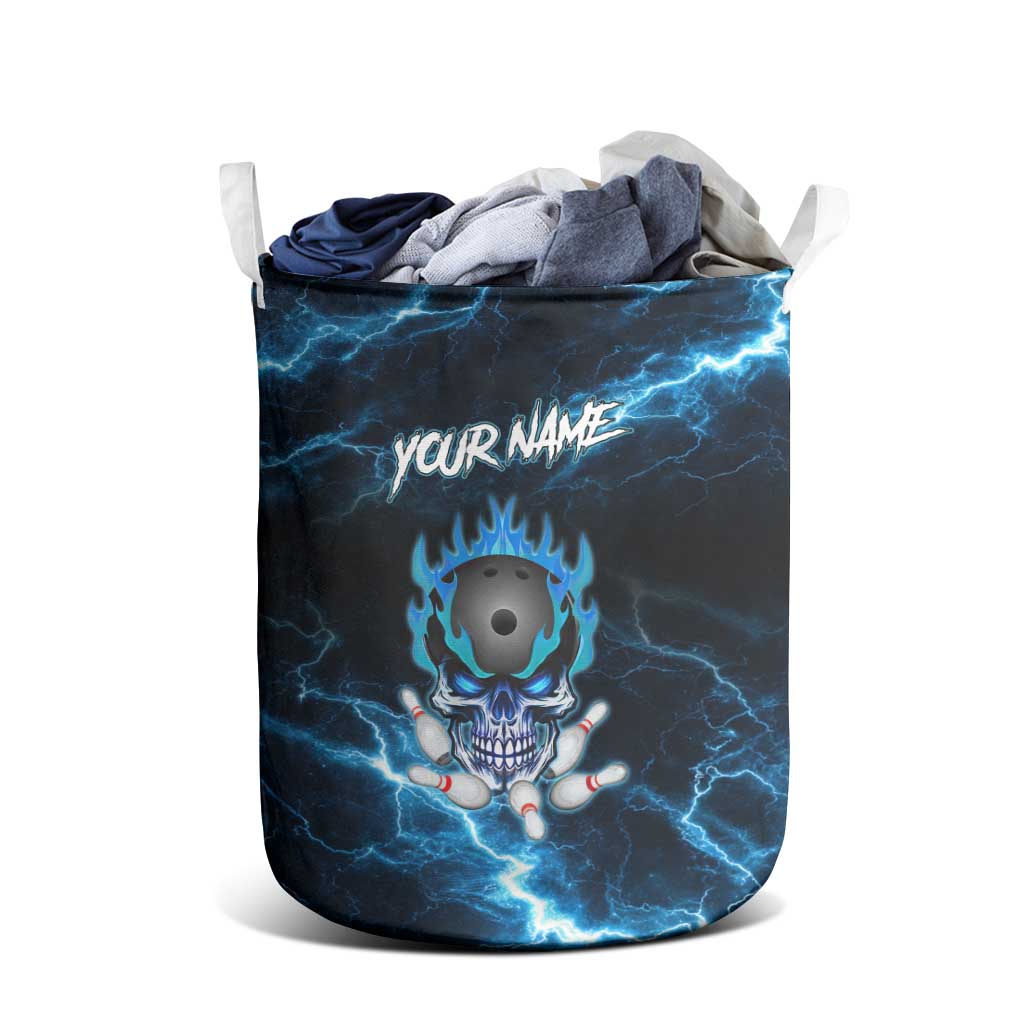 Personalized Bowling Skull Laundry Basket with Blue Flame Energy and Electric Lightning Strike Pattern - Wonder Print Shop