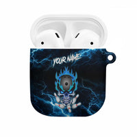 Personalized Bowling Skull AirPods Case with Blue Flame Energy and Electric Lightning Strike Pattern - Wonder Print Shop