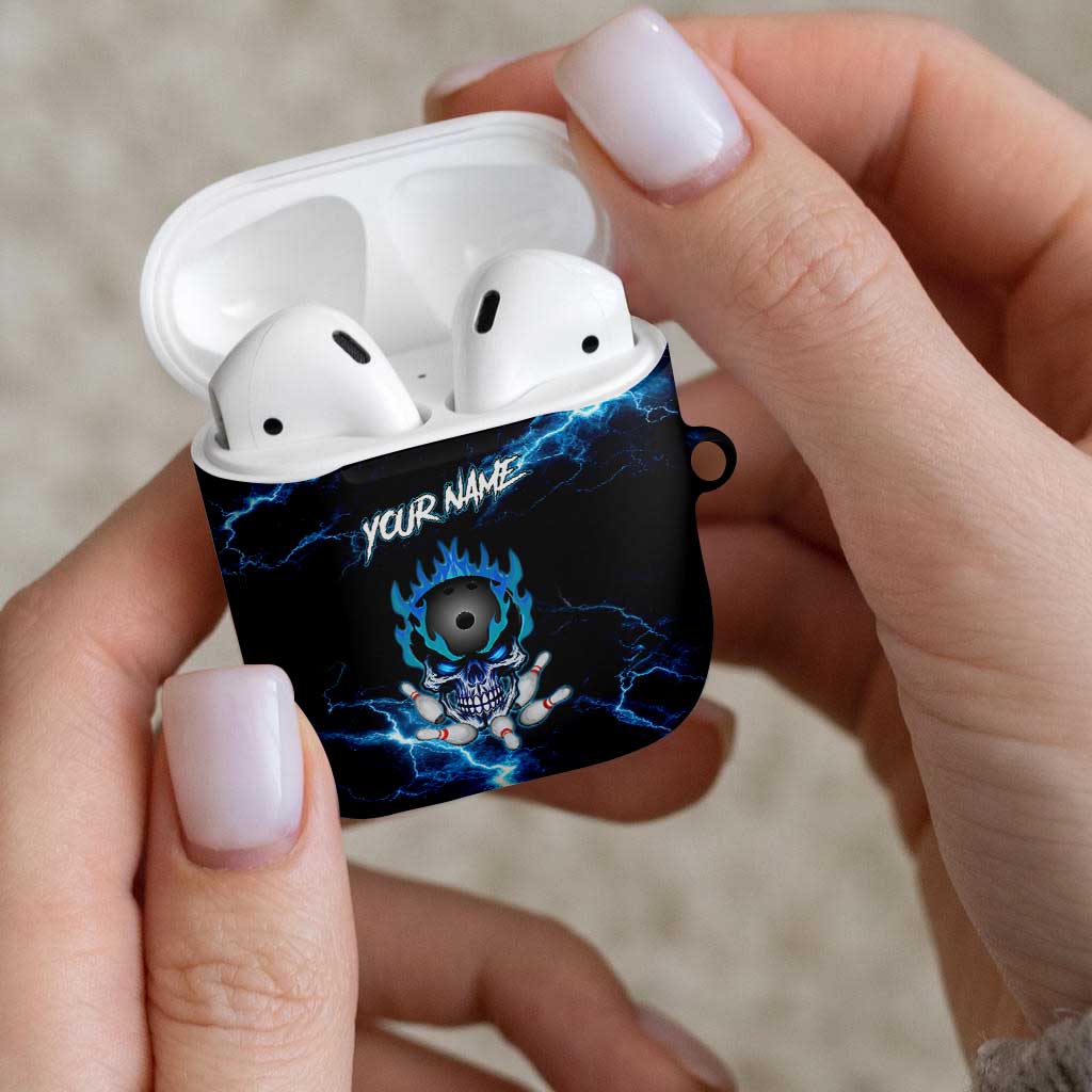 Personalized Bowling Skull AirPods Case with Blue Flame Energy and Electric Lightning Strike Pattern - Wonder Print Shop