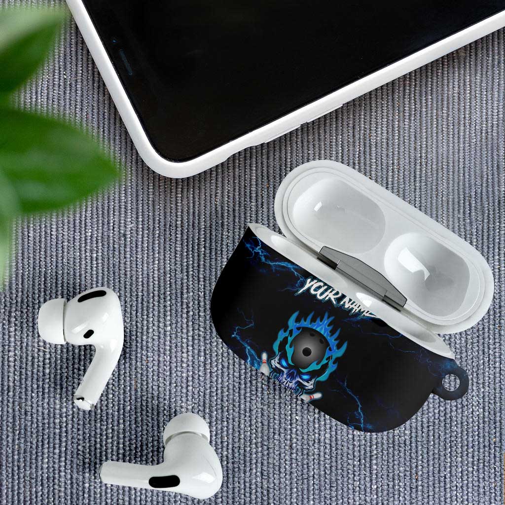 Personalized Bowling Skull AirPods Case with Blue Flame Energy and Electric Lightning Strike Pattern - Wonder Print Shop