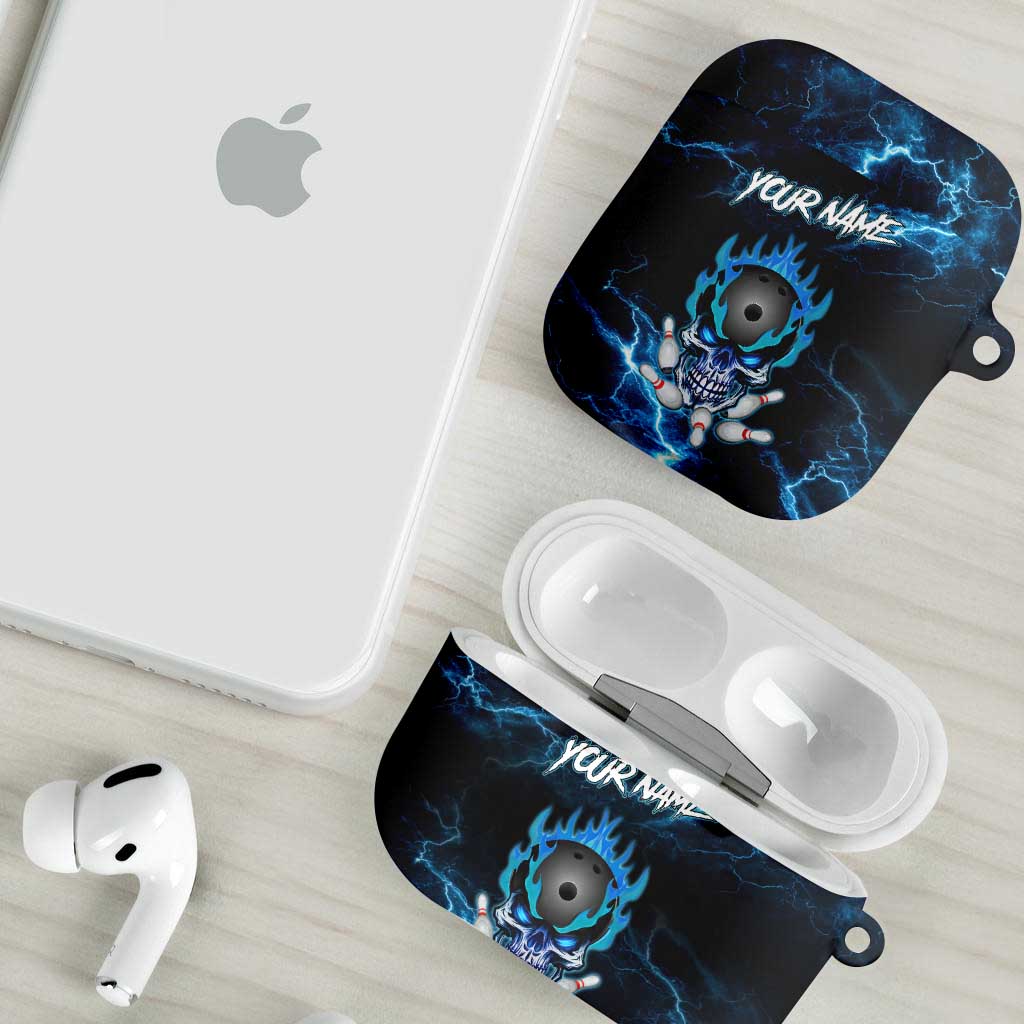 Personalized Bowling Skull AirPods Case with Blue Flame Energy and Electric Lightning Strike Pattern - Wonder Print Shop