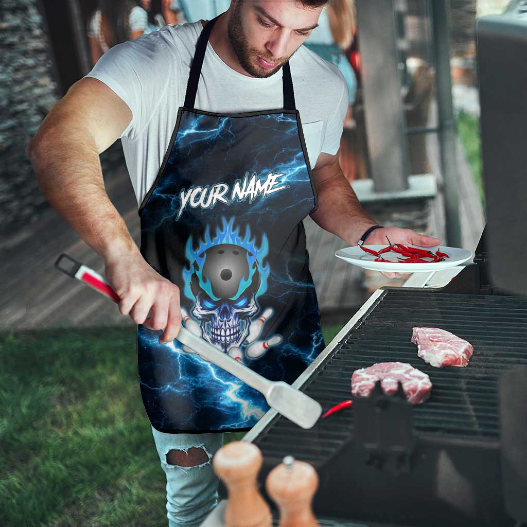 Personalized Bowling Skull Apron with Blue Flame Energy and Electric Lightning Strike Pattern - Wonder Print Shop