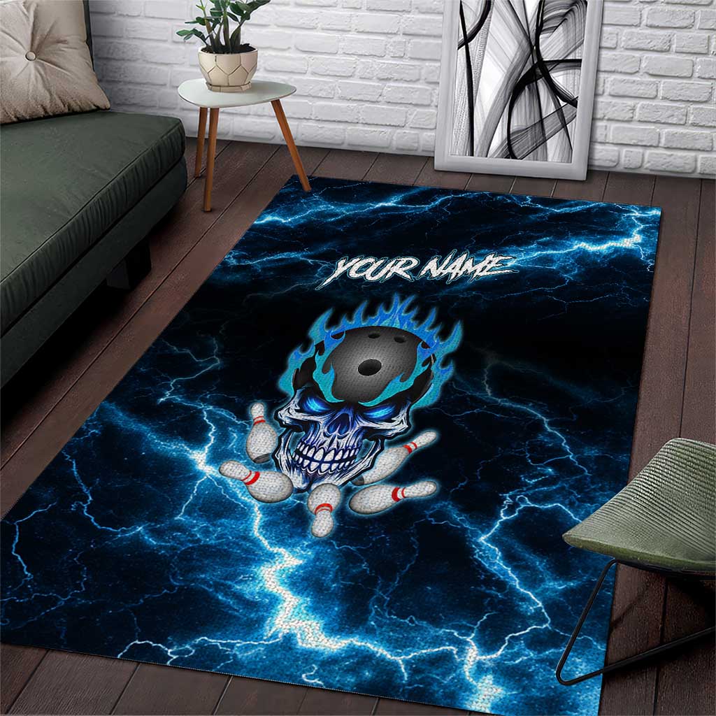 Personalized Bowling Skull Area Rug with Blue Flame Energy and Electric Lightning Strike Pattern - Wonder Print Shop