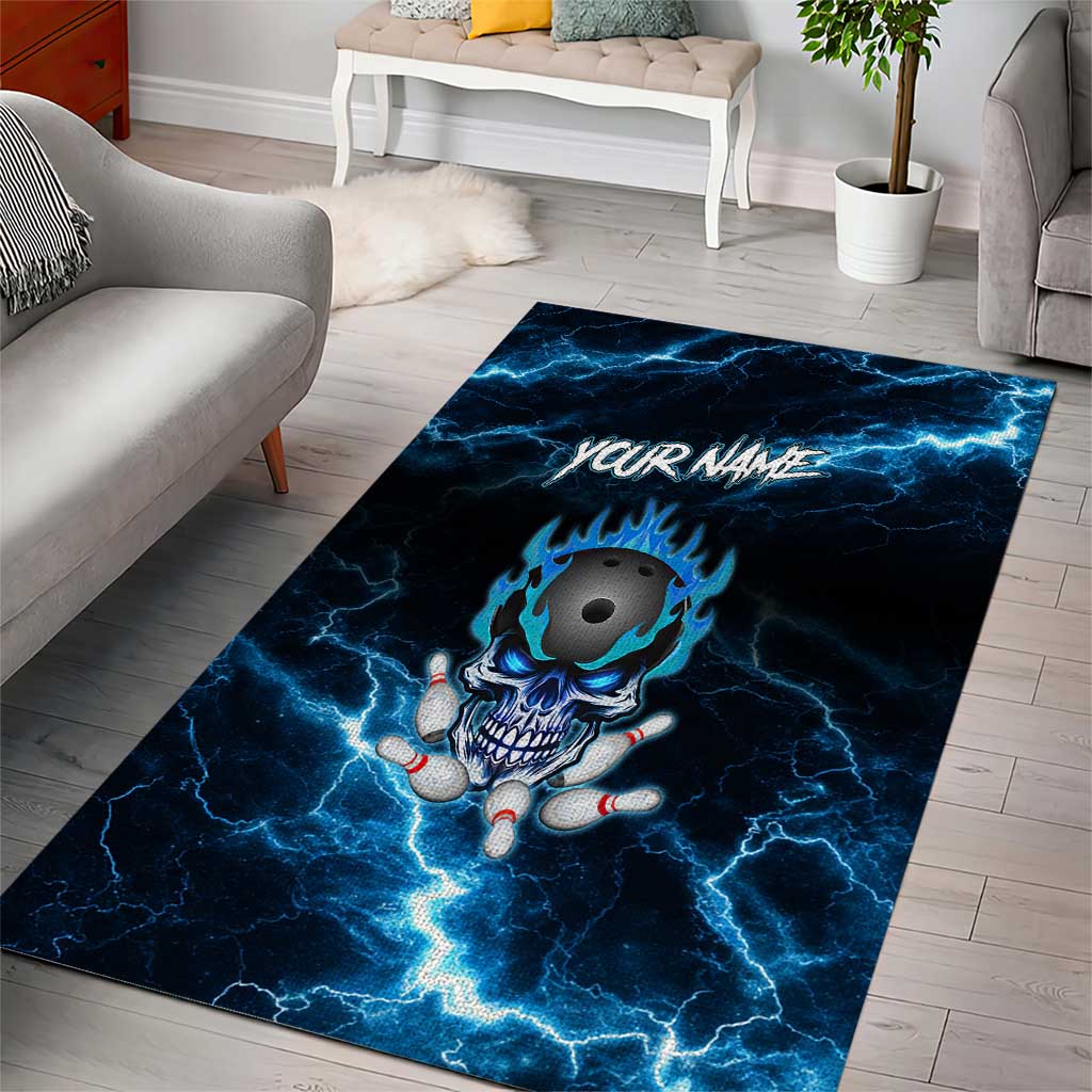 Personalized Bowling Skull Area Rug with Blue Flame Energy and Electric Lightning Strike Pattern - Wonder Print Shop