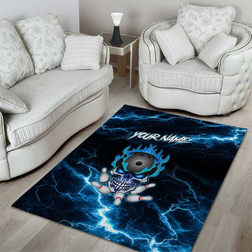 Personalized Bowling Skull Area Rug with Blue Flame Energy and Electric Lightning Strike Pattern - Wonder Print Shop