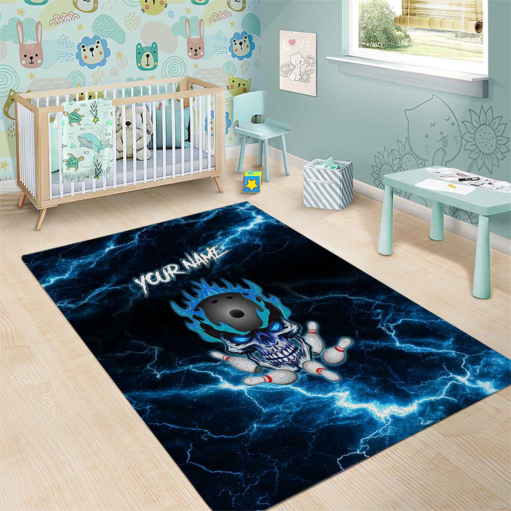 Personalized Bowling Skull Area Rug with Blue Flame Energy and Electric Lightning Strike Pattern - Wonder Print Shop
