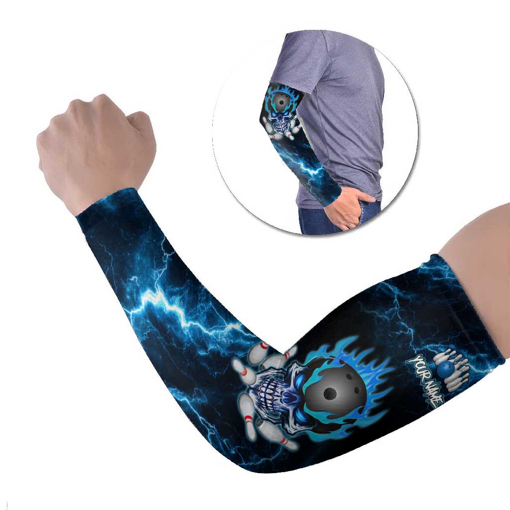 Personalized Bowling Skull Arm Sleeves with Blue Flame Energy and Electric Lightning Strike Pattern - Wonder Print Shop