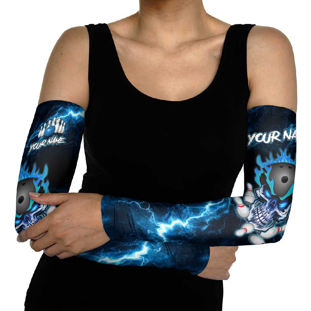Personalized Bowling Skull Arm Sleeves with Blue Flame Energy and Electric Lightning Strike Pattern - Wonder Print Shop