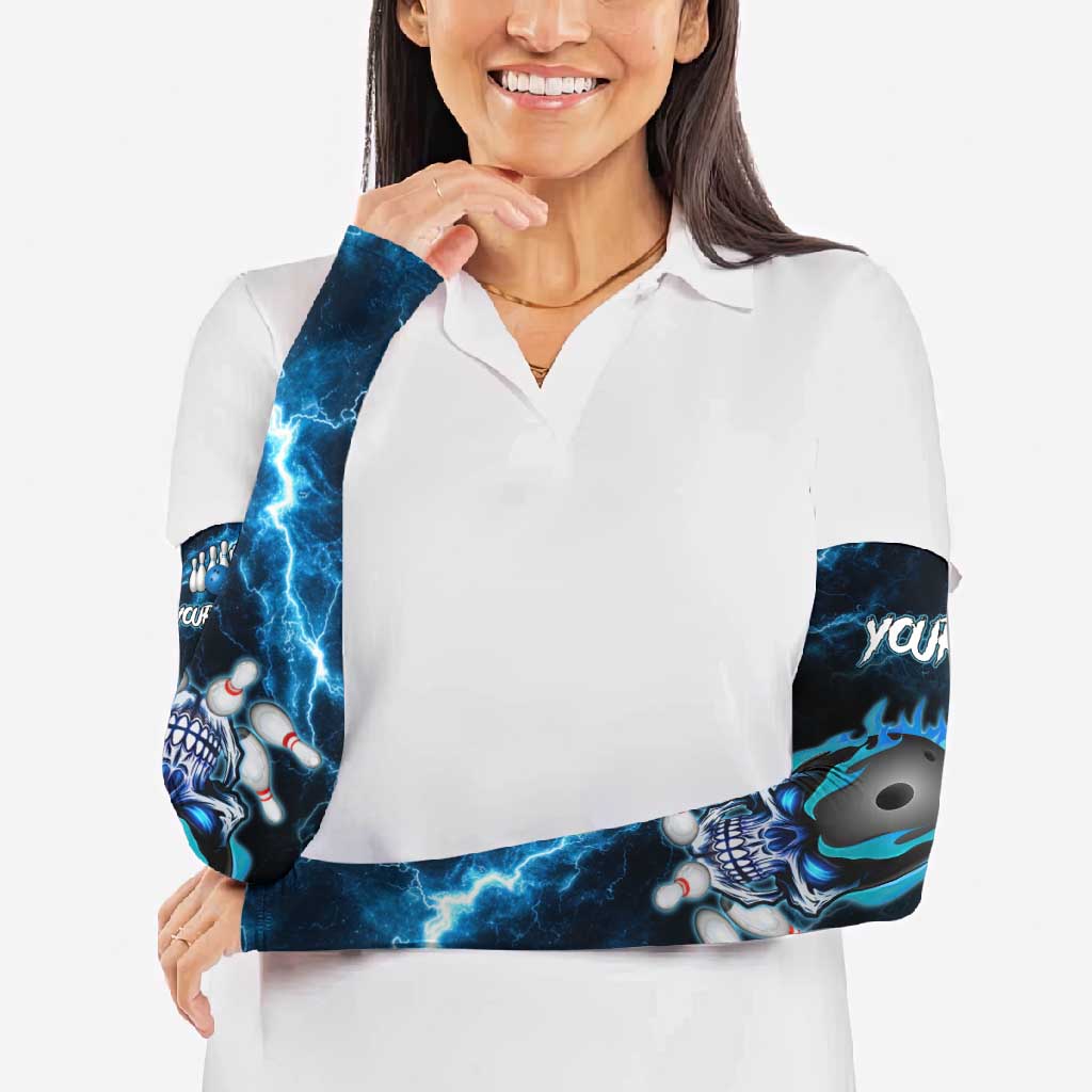 Personalized Bowling Skull Arm Sleeves with Blue Flame Energy and Electric Lightning Strike Pattern - Wonder Print Shop