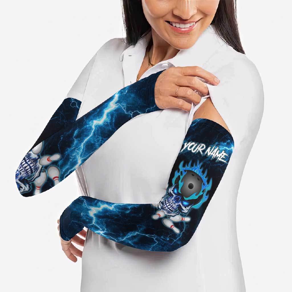 Personalized Bowling Skull Arm Sleeves with Blue Flame Energy and Electric Lightning Strike Pattern - Wonder Print Shop