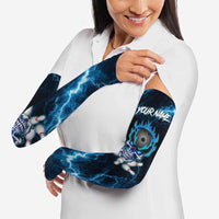 Personalized Bowling Skull Arm Sleeves with Blue Flame Energy and Electric Lightning Strike Pattern - Wonder Print Shop
