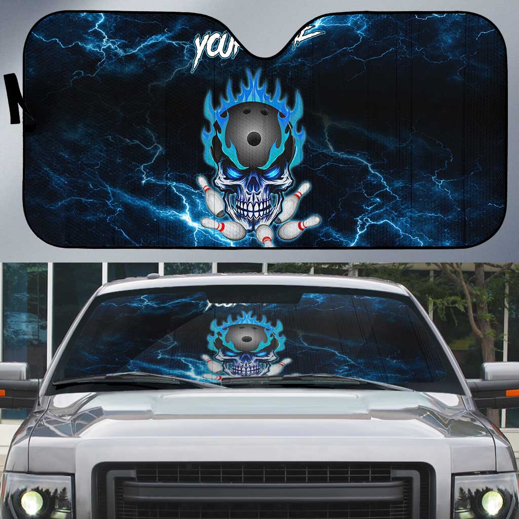 Personalized Bowling Skull Auto Sun Shade with Blue Flame Energy and Electric Lightning Strike Pattern - Wonder Print Shop