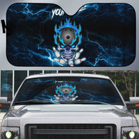 Personalized Bowling Skull Auto Sun Shade with Blue Flame Energy and Electric Lightning Strike Pattern - Wonder Print Shop