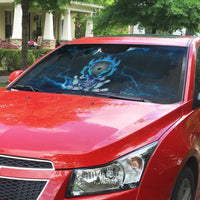 Personalized Bowling Skull Auto Sun Shade with Blue Flame Energy and Electric Lightning Strike Pattern - Wonder Print Shop